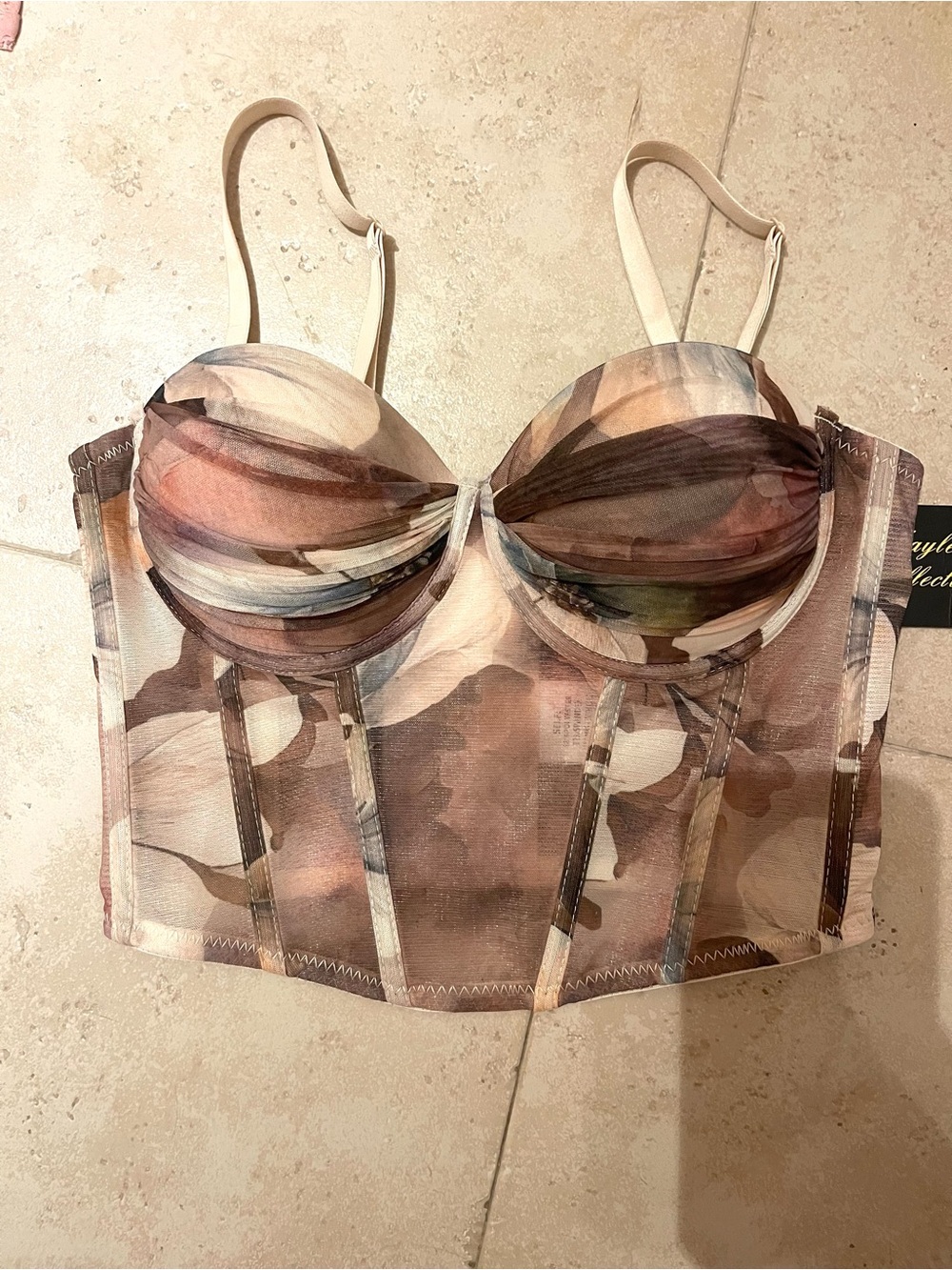 Sheer Sculpted Bustier Crop Top in Neutral Multi